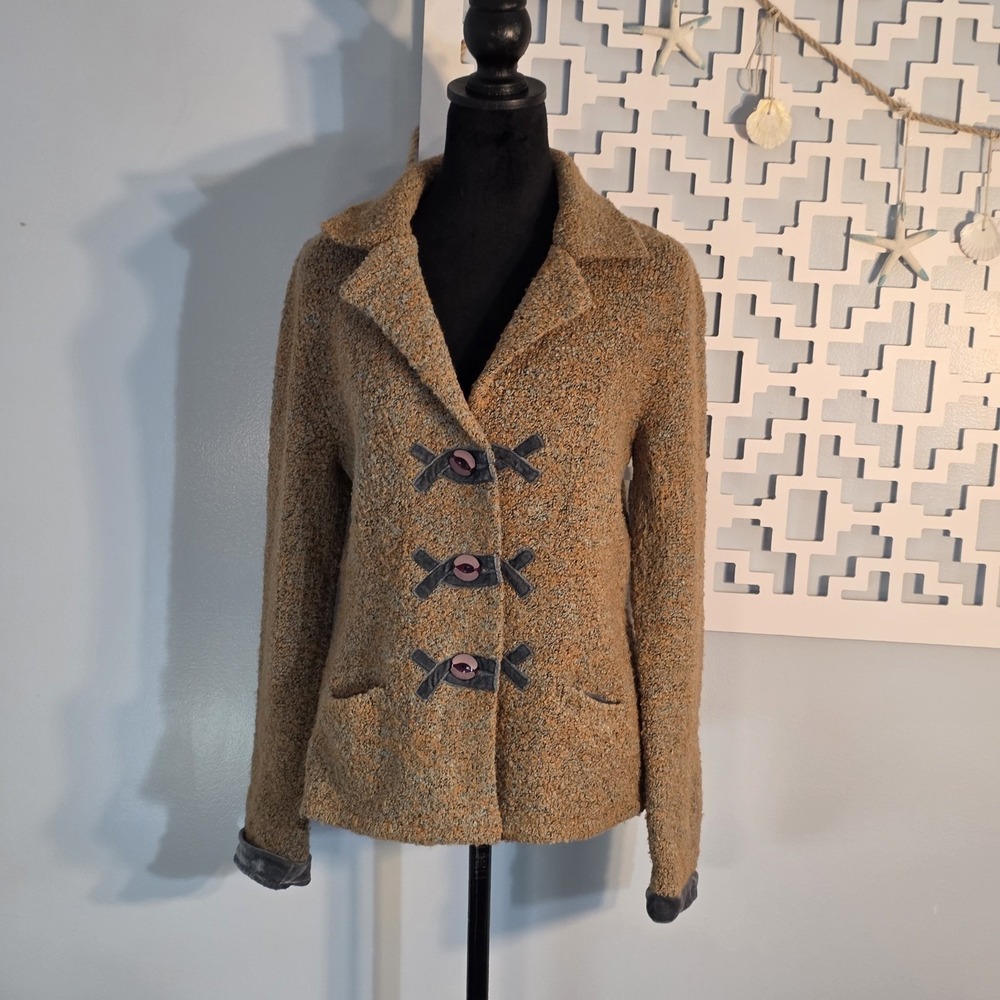 Anthropologie HWR Boucle Jacket Sweater Cardigan Velvet Trim Size S Orange/Grey